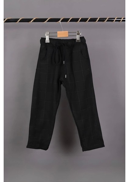 Erkek Bebek & Çocuk Kareli Model Siyah Renk Beli Lastikli Jogging Kumaş Pantolon