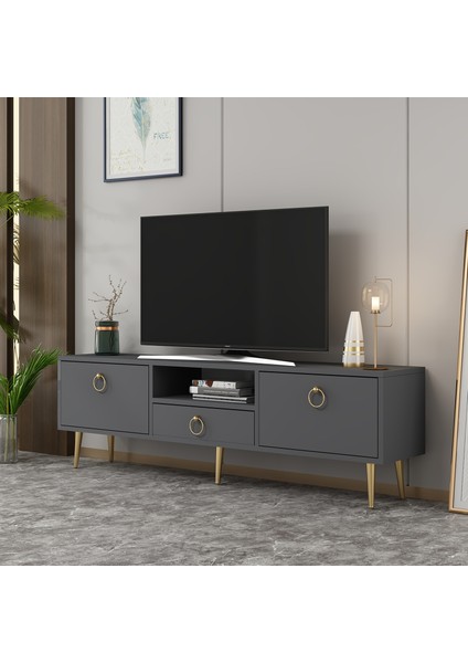 Droop Tv Ünitesi 2 Kapaklı, Raflı ve Çekmeceli Antrasit-Altın