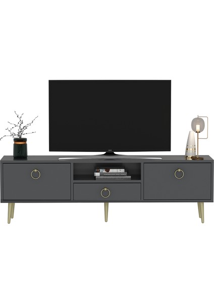 Droop Tv Ünitesi 2 Kapaklı, Raflı ve Çekmeceli Antrasit-Altın fiyatları