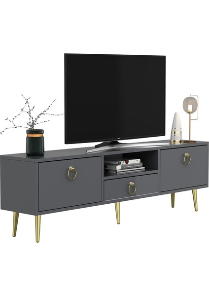 Droop Tv Ünitesi 2 Kapaklı, Raflı ve Çekmeceli Antrasit-Altın modelleri
