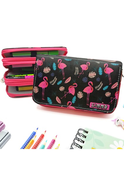 Simli Işıltılı Flamingo Siyah Kalem Kutusu Vegan Deri Kalemkutu Üç Bölmeli Kalemlik Pembe
