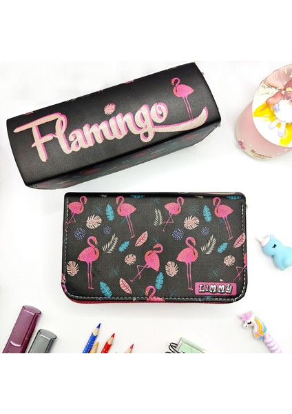 Simli Işıltılı Flamingo Siyah Kalem Kutusu Vegan Deri Kalemkutu Üç Bölmeli Kalemlik Pembe fiyatları