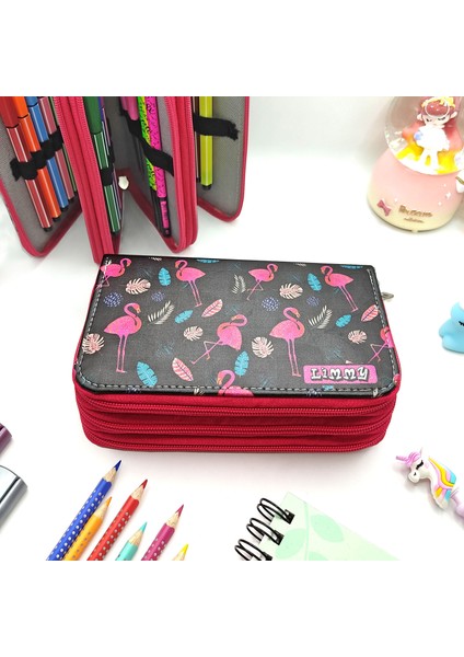 Simli Işıltılı Flamingo Siyah Kalem Kutusu Vegan Deri Kalemkutu Üç Bölmeli Kalemlik Pembe fırsatları