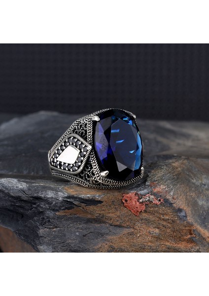 Zirkon Taşlı Mavi Renk 925 Ayar Gümüş Yüzük