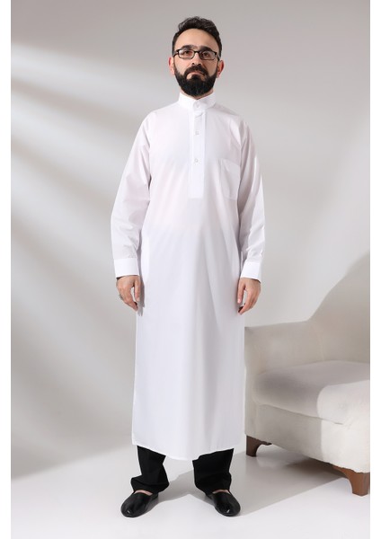 Erkek Beyaz Çınar Hac ve Umre Kıyafeti Boydan Uzun Dagron Kumaş Fistan