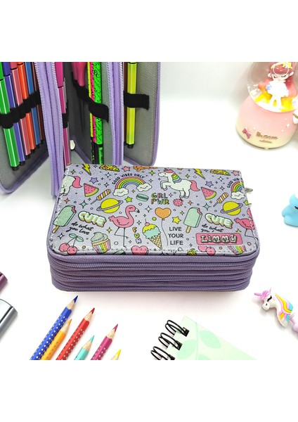Simli Işıltılı Mor Unicorn Flamingo Kalem Kutusu Vegan Deri Kalemkutu Üç Bölmeli Kalemlik Mor fırsatları