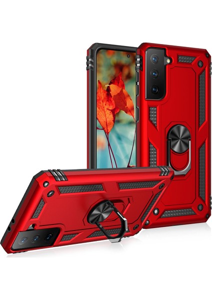 Samsung Galaxy S21 Kılıf Sofya Yüzüklü Silikon Kapak - Kırmızı 300099