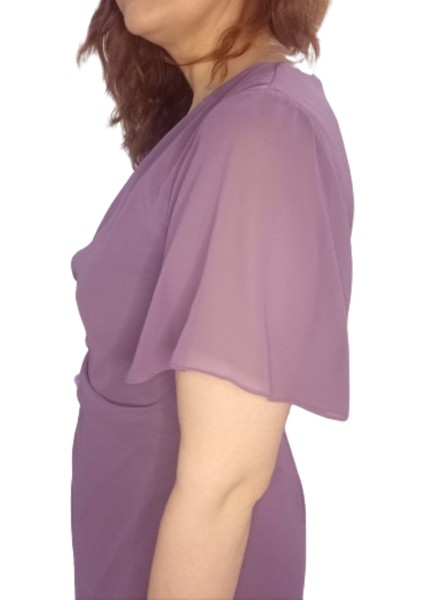 Lila Büyük Beden Kısa Kollu Broş Detaylı Şifon Abiye Elbise fırsatları