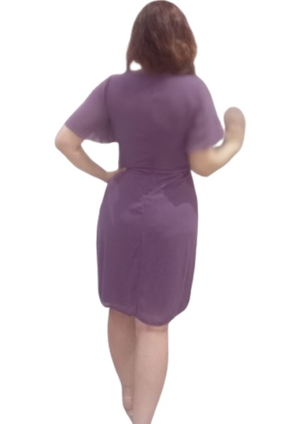 Lila Büyük Beden Kısa Kollu Broş Detaylı Şifon Abiye Elbise indirimleri