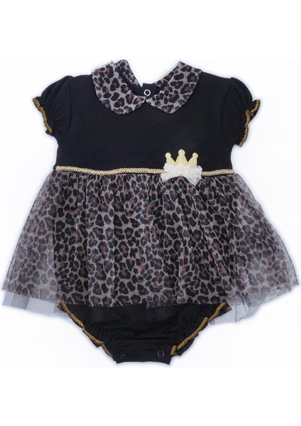 Kız Bebek Çocuk Leopar Desenli Puanlı Tüllü Çıtçıtlı Body Elbise