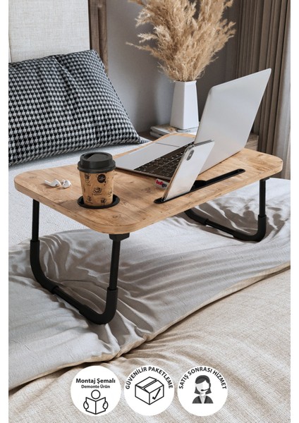 Portatif Katlanır Laptop Sehpası Tablet Telefon Tutuculu Laptop Sehpası Çam