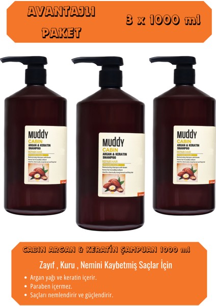 Zayıf Kuru Nemini Kaybetmiş Saçlara Cabın Argan&keratin Şampuan 1000 ml x 3