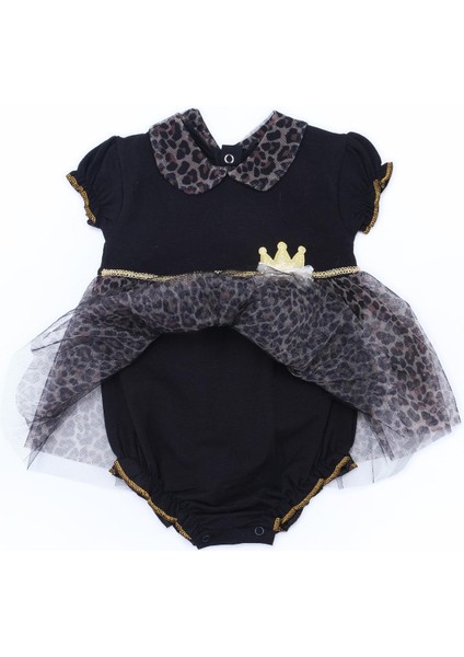 Kız Bebek Çocuk Leopar Desenli Puanlı Tüllü Çıtçıtlı Body Elbise