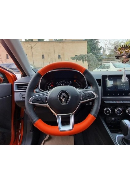 Renault Clio 5 Araca Özel Tam Uyumlu Deri Direksiyon Kılıfı (Turuncu-Siyah)