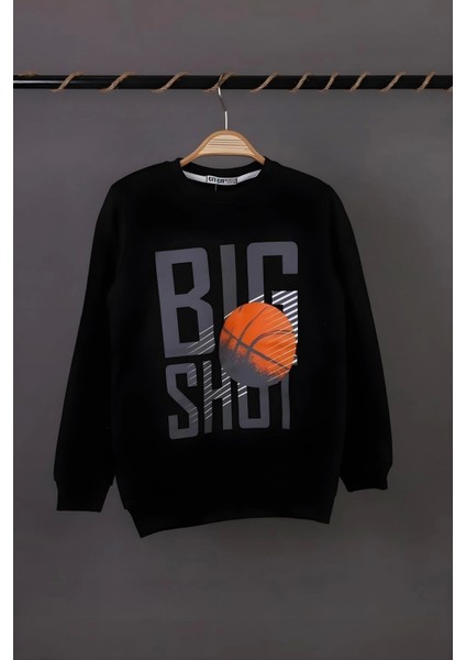 Erkek Çocuk Bisiklet Yaka Siyah Renk Big Shot Basketbol Baskılı 3 Iplik Şardonsuz Basic Sweatshirt