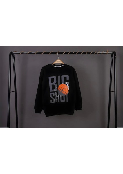 Erkek Çocuk Bisiklet Yaka Siyah Renk Big Shot Basketbol Baskılı 3 Iplik Şardonsuz Basic Sweatshirt