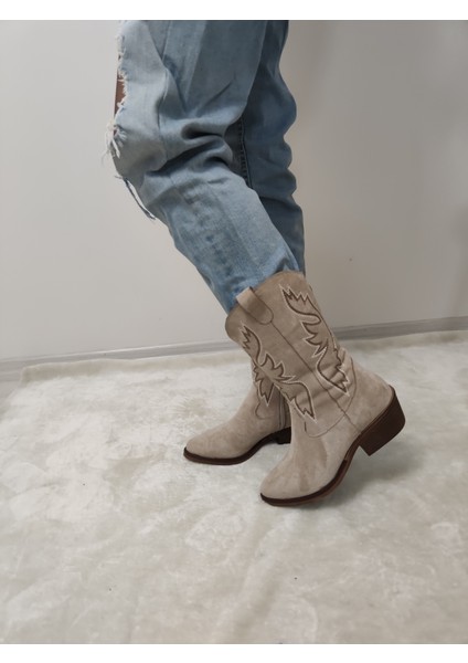 Sage Süet Fermuarlı Kadın Kovboy Bot - Vizon - 39