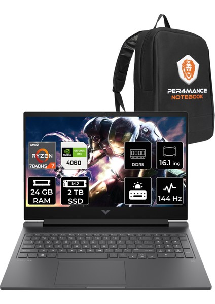 Victus 16 AMD Ryzen 7 7840HS 24GB 2TB SSD RTX4060/8GB 144Hz 16.1" FHD FDOS Taşınabilir Bilgisayar & PER4 Çanta 892P8EAPN328