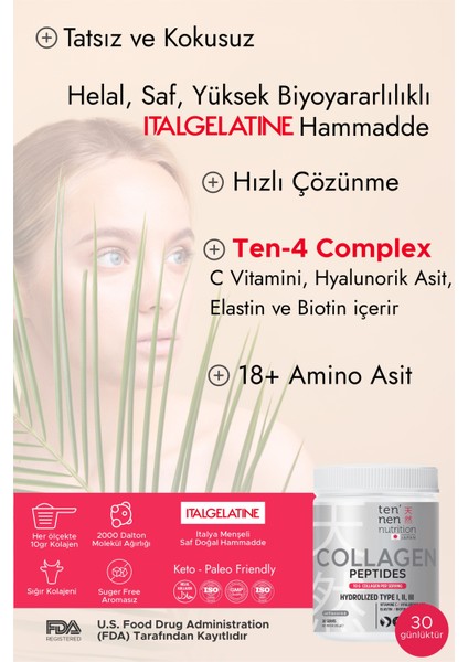 Tip 1, Tip 2, Tip 3 Collagen, Saf ve Doğal Hidrolize Kolajen, Hyaluronik Asit, Vitamin C, Biotin, Elastin, 306 gr, 30 Servis
