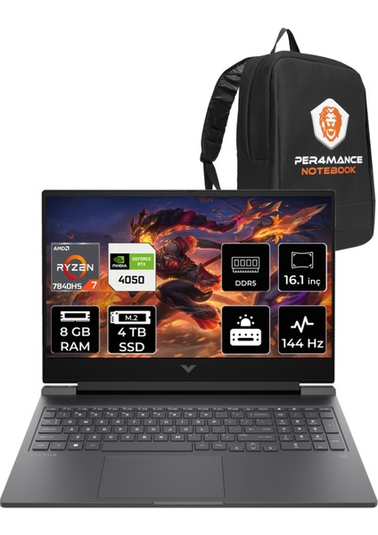 Victus 16 AMD Ryzen 7 7840HS 8GB 2TB SSD + 2TB SSD RTX4050/6GB 144Hz 16.1" FHD FDOS Taşınabilir Bilgisayar & PER4 Çanta 892P9EAPN307