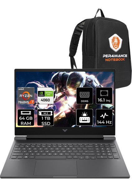 Victus 16 AMD Ryzen 7 7840HS 64GB 1TB SSD RTX4060/8GB 144Hz 16.1" FHD FDOS Taşınabilir Bilgisayar & PER4 Çanta 892P8EAPN351