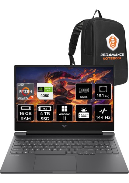 Victus 16 AMD Ryzen 7 7840HS 16GB 4TB SSD RTX4050/6GB 144Hz 16.1" FHD W11H Taşınabilir Bilgisayar & PER4 Çanta 892P9EAPN362