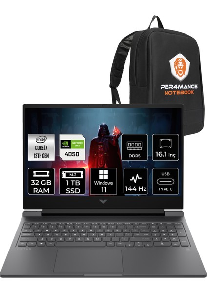 Victus 16 Intel Core i7 13700H 32GB 1TB SSD RTX4050/6GB 144Hz 16.1" FHD W11P Taşınabilir Bilgisayar & PER4 Çanta 8W8A5EAPN417