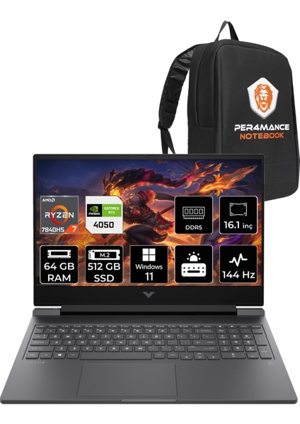Victus 16 AMD Ryzen 7 7840HS 64GB 512GB SSD RTX4050/6GB 144Hz 16.1" FHD W11P Taşınabilir Bilgisayar & PER4 Çanta 892P9EAPN436