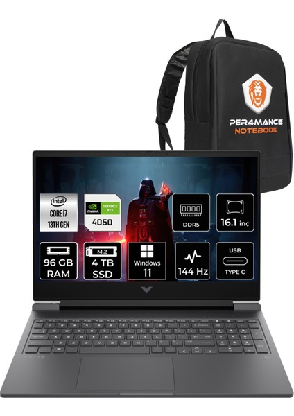 Victus 16 Intel Core i7 13700H 96GB 4TB SSD RTX4050/6GB 144Hz 16.1" FHD W11H Taşınabilir Bilgisayar & PER4 Çanta 8W8A5EAPN396