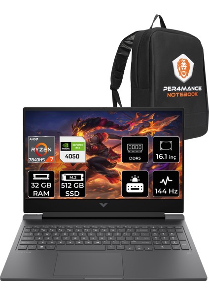 Victus 16 AMD Ryzen 7 7840HS 32GB 512GB SSD RTX4050/6GB 144Hz 16.1" FHD FDOS Taşınabilir Bilgisayar & PER4 Çanta 892P9EAPN322