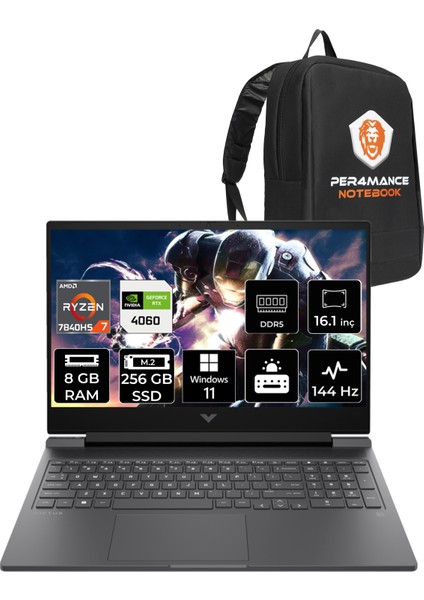 Victus 16 AMD Ryzen 7 7840HS 8GB 256GB SSD RTX4060/8GB 144Hz 16.1" FHD W11P Taşınabilir Bilgisayar & PER4 Çanta 892P8EAPN409