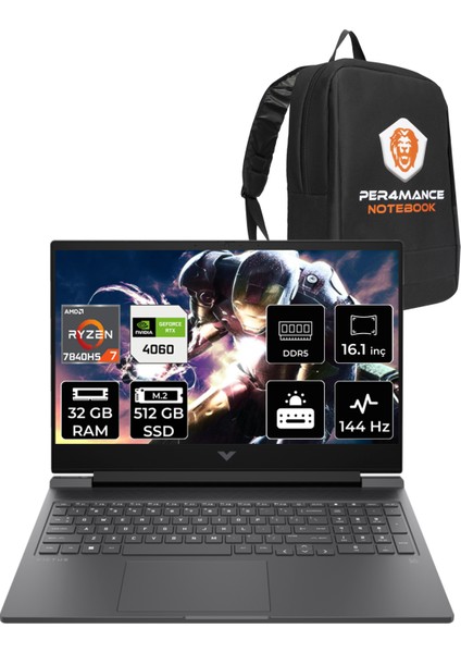 Victus 16 AMD Ryzen 7 7840HS 32GB 512GB SSD RTX4060/8GB 144Hz 16.1" FHD FDOS Taşınabilir Bilgisayar & PER4 Çanta 892P8EAPN332