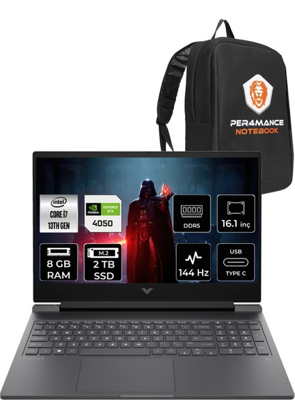 Victus 16 Intel Core i7 13700H 8GB 2TB SSD RTX4050/6GB 144Hz 16.1" FHD FDOS Taşınabilir Bilgisayar & PER4 Çanta 8W8A5EAPN304