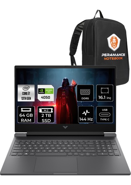 Victus 16 Intel Core i7 13700H 64GB 2TB SSD RTX4050/6GB 144Hz 16.1" FHD FDOS Taşınabilir Bilgisayar & PER4 Çanta 8W8A5EAPN340