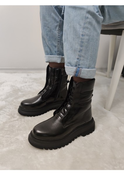 Apex Rugan Deri Kalın Taban Kadın Postal Bot (Brç B20) - Siyah-Rugan - 36