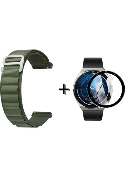 Huawei Watch Gt3 Pro Kancalı Kumaş Kordon Kayış + Ekran Koruma Filmi