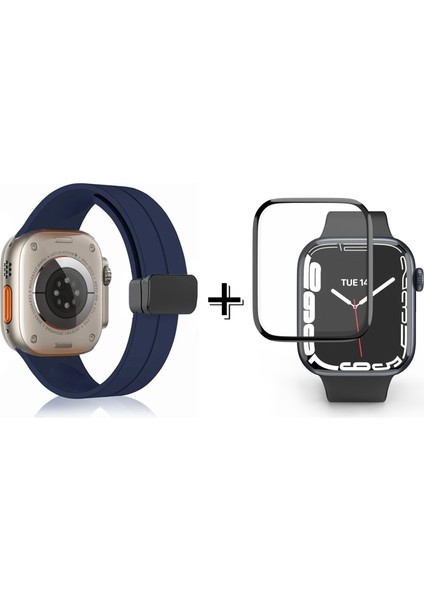 Apple Watch Ultra Manyetik Tokalı Silikon Kordon Kayış + Ekran Koruma Filmi