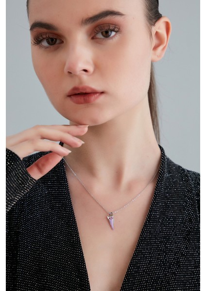 Kadın Bella Vista Model Çelik Gümüş Kaplama Hologram Istiridye Kristal Zirkon Taşlı Zincir Kolye