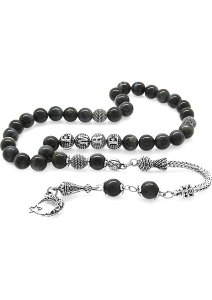 Kararmaz Metal Püsküllü Küre Kesim Kişiye Özel Isim Yazılı Gri Kaplangözü Doğaltaş Tesbih