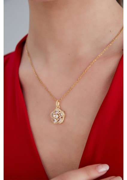 Kadın Estrella Lumina Model Çelik Altın Kaplama Kıvrımlı Dalgalı Kristal Zirkon Taşlı Zincir Kolye
