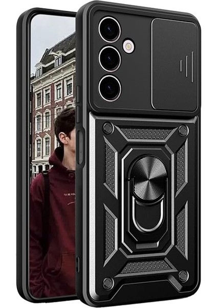 Samsung Galaxy A15 Kılıf Sert Silikon Tank Aramid Sürgülü Vega Yüzüklü Siyah