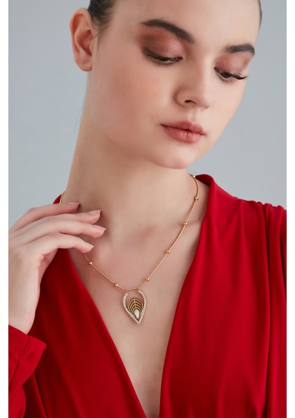 Kadın Luna Eleganza Model Çelik Altın Kaplama Damla Figür Kristal Zirkon Taşlı Boncuk Zincir Kolye