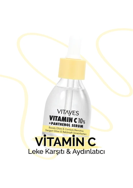 VITAYES C Vitamini %10 ve Panthenol Cilt Tonu Eşitleyici Leke Karşıtı Anında Aydınlatıcı Nemlendirici Cilt Serumu - 30 ml