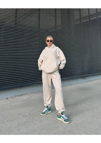 Pamuklu Jogger Kapüşonlu Bej Hoodie Eşofman Takımı