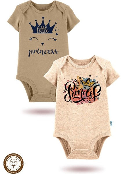 2'li Organik"princess" Baskılı Kısa Kollu Bebek Body Zıbın KISA-BEJ-KAHVE593-604