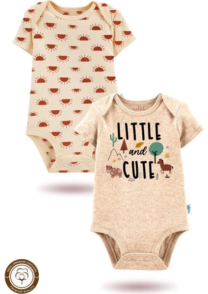 2'li Organik"küçük ve Sevimli" Baskılı Kısa Kollu Bebek Body Zıbın KISA-BEJ-GÜNEŞ-134