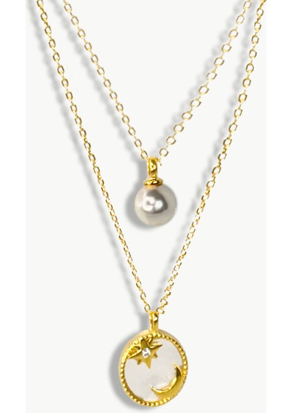 Noche Ay Yıldız Incili Altın Kaplama Kadın Gümüş Çift Kolye