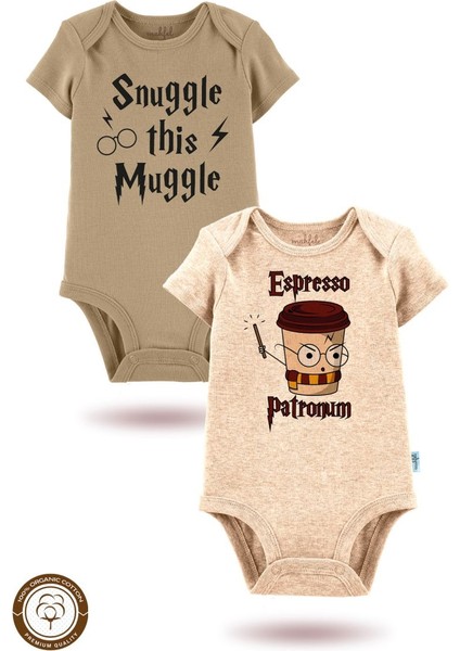 2'li Organik"espresso Patronum" Baskılı Kısa Kollu Bebek Body Zıbın KISA-BEJ-KAHVE719-796