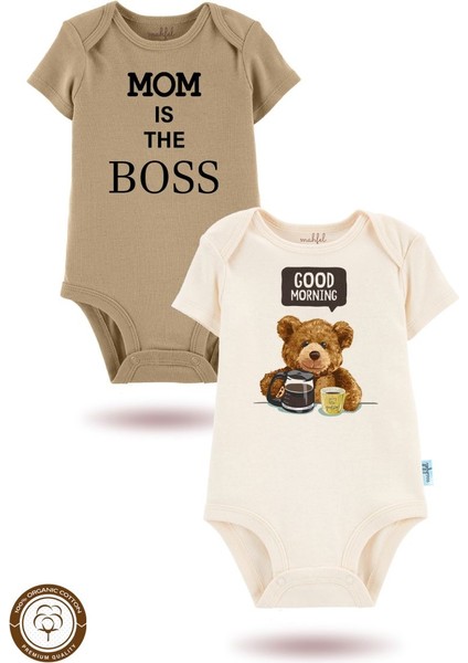 2'li Organik"günaydın" Baskılı Kısa Kollu Bebek Body Zıbın KISA-EKRU-KAHVE28-720