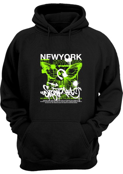 New York Sttreetart Buterfly Baskılı Siyah Normal Kalıp Şardonlu Kalın Sweatshirt